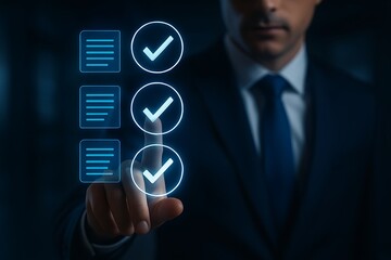 Businessman checking off tasks on a digital checklist