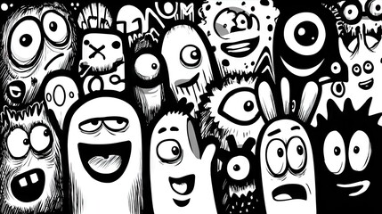 A collection of quirky, black and white monsters.