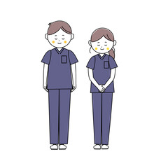 おじぎをするスクラブ姿の男女の全身イラスト