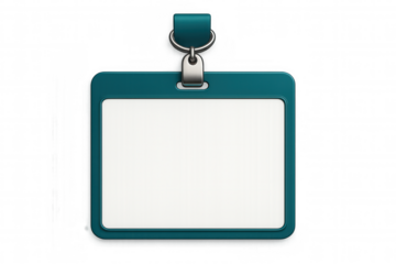 Vertical plastic id badge mockup featuring turquoise frame, blue lanyard, realistic design against transparent background