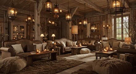Warm and inviting rustic chalet lounge illuminated by abundant candles and lanterns, creating a cozy and luxurious atmosphere