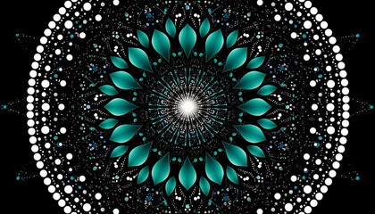 Symmetrical teal floral pattern against a stark black background texture