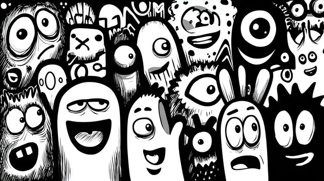 A collection of quirky, black and white monsters.