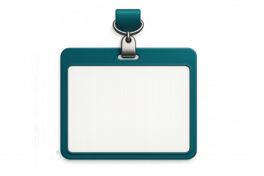 Vertical plastic id badge mockup featuring turquoise frame, blue lanyard, realistic design against transparent background