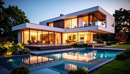 Fototapeta premium Modern, contemporary home with a swimming pool, showcased at dusk, with warm lighting and a serene atmosphere.