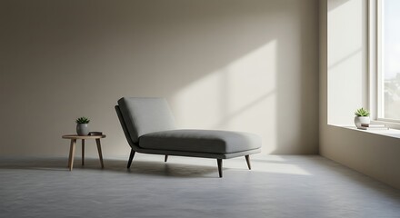 Modern grey armchair in a minimalist room with natural sunlight from a window creating long shadows. Serene and tranquil interior design concept