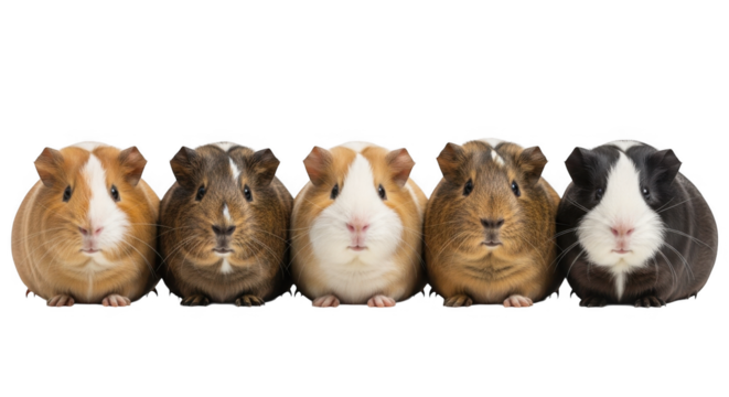 Five Adorable Guinea Pigs in a Row Showing Their Unique Colors and Sweet Faces