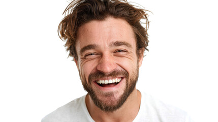 Fototapeta premium A joyful man smiling broadly, showcasing happiness and positivity, against a white isolated background.