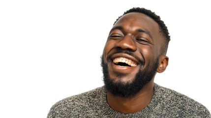 A joyful man wearing a cozy sweater, showcasing a warm smile against a white isolated background.