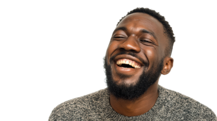 A joyful man wearing a cozy sweater, showcasing a warm smile against a white isolated background.
