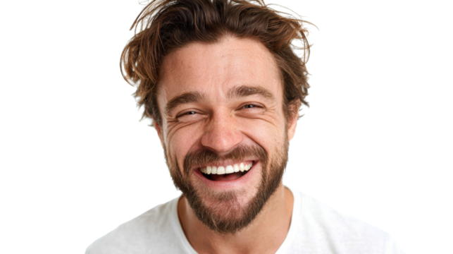 A joyful man smiling broadly, showcasing happiness and positivity, against a white isolated background.