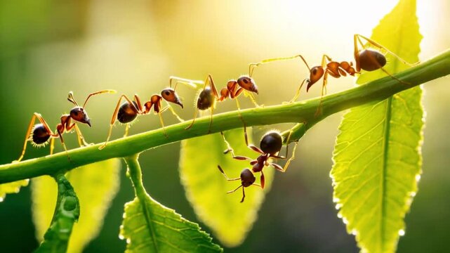 Close up of ants walking on the green branch with sunlight morning.
