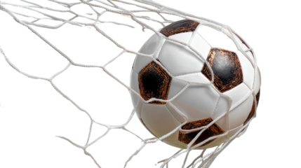 A soccer ball hitting the net, symbolizing victory and excitement in sports.