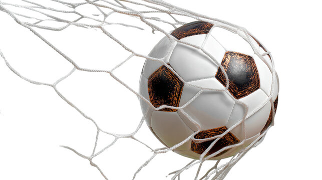 A soccer ball hitting the net, symbolizing victory and excitement in sports.