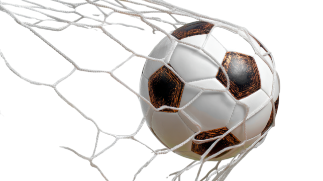 A soccer ball hitting the net, symbolizing victory and excitement in sports.