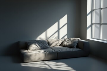 Modern sectional sofa bathed in dramatic sunlight streaming through a large window casting geometric shadows
