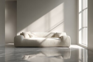 Sunlight streams across a plush textured sofa in a minimalist room with reflective floors