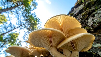 Close-up view of clustered, light beige mushrooms, their delicate, ribbed caps rising above a forest floor.