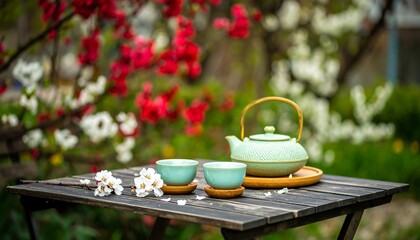 Tranquil tea time setting outdoors amongst blossoming trees in the garden