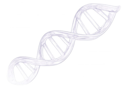Spinning translucent dna helix symbolizing genetic research, molecular structure against clear backdrop highlighting scientific innovation