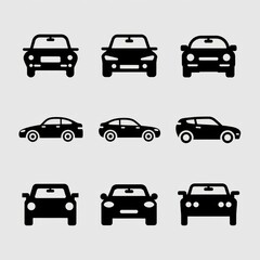 Nine Simple Black Car Icons Front and Side Views