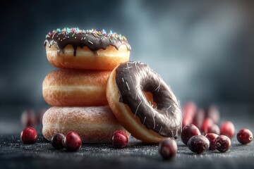Stack of glazed doughnuts with sprinkles and berries.