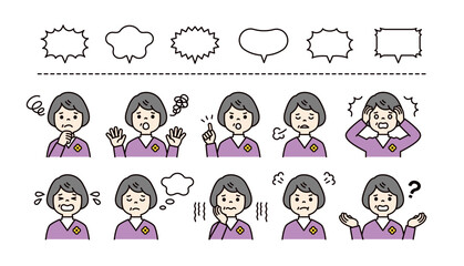 吹き出しと、元気なおばあさんのポジティブな表情・ポーズのアイコンセット＿ベクター＿カラー