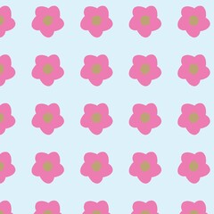 A charming seamless pattern featuring bright pink flowers with golden centers on a soft blue background. Hand drawn doodle floral pattern background with doodle style.