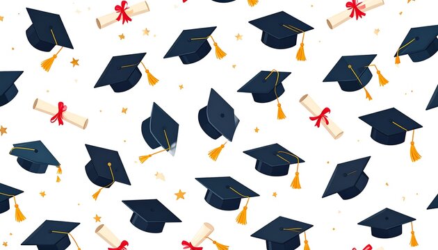A graduation pattern design featuring academic caps and diplomas against a white background.