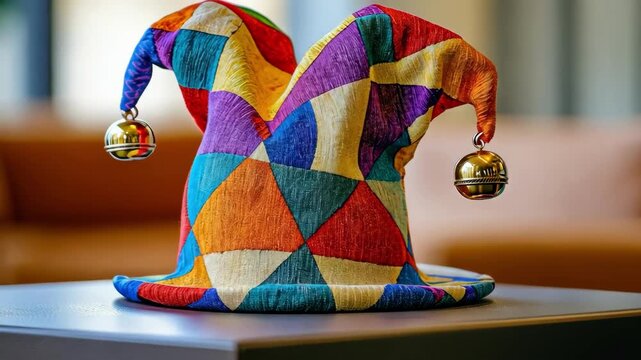 Colorful jester hat with bells sits on a table, ready for a celebration.