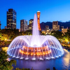 Illuminated fountain at dusk in a city park