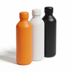 Three Matte Finish Water Bottles in Orange White and Black, isolated on a white background

