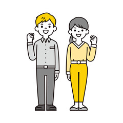 笑顔でガッツポーズをする、若い元気な男女の全身イラスト素材セット＿ベクター