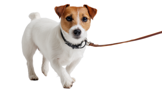 Dog on leash, white isolate background