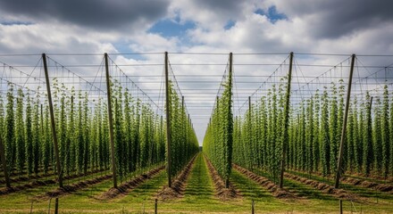 Obraz premium Hop Field Rows under Cloudy Sky