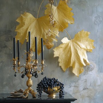 Gold-bronze candle holder with black candles, large yellow leaves, and dark grapes