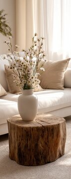A neutral-toned living room featuring a wooden stump side table with a white vase holding dried flowers