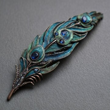 Detailed peacock feather hair clip, intricate design with vibrant colors and blue gemstones