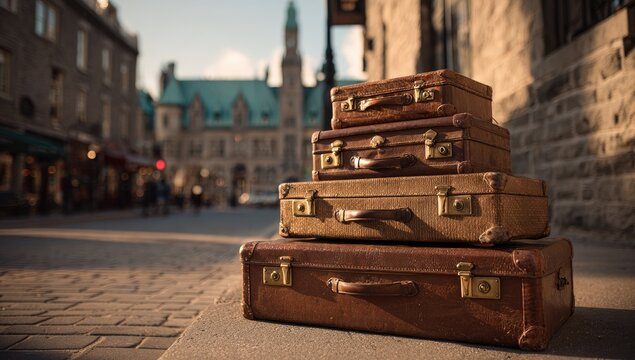 Vintage suitcases stacked on city street