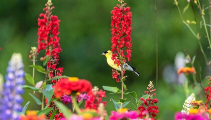 A vibrant yellow bird perches amongst a profusion of colorful flowers, showcasing a lively garden scene.