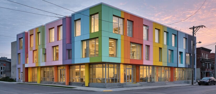 Colorful multi-story building with vibrant panels and large windows