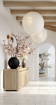 Light-filled hallway with cherry blossoms and wooden furniture