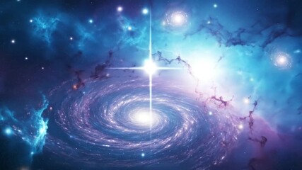 Nebula and galaxies displayed in blue purple and white tones A spiral galaxy dominates the center - Powered by Adobe