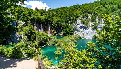 Turquoise Plitvice Lakes National Park waterfalls flow Croatia landscape