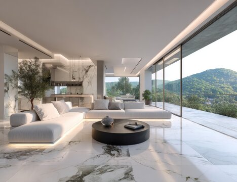 Modern open-plan living area with marble floors and panoramic views