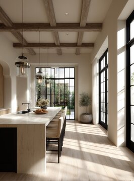 Light-filled kitchen with exposed beams and large windows