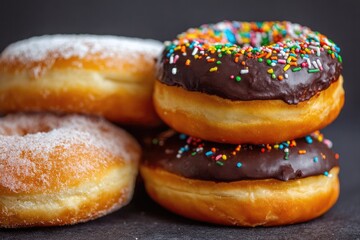 Stacked glazed and sugared doughnuts on a dark surface.
