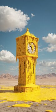A melting yellow clock tower in a desert landscape