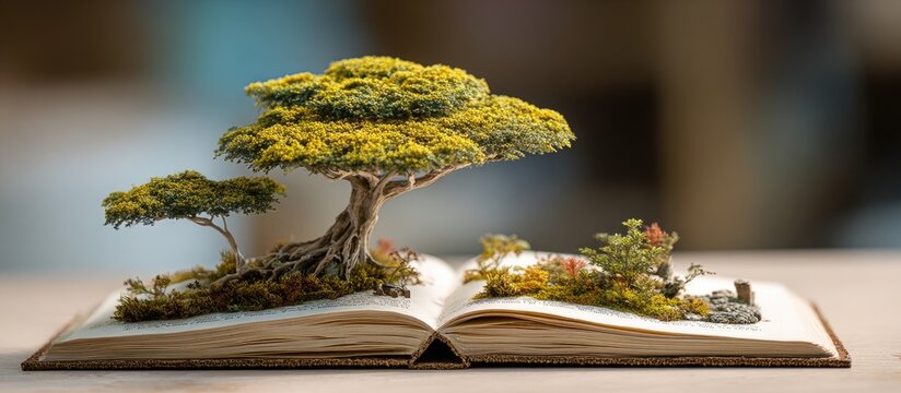 A miniature landscape of a tree and small plants nestled within the pages of an open book