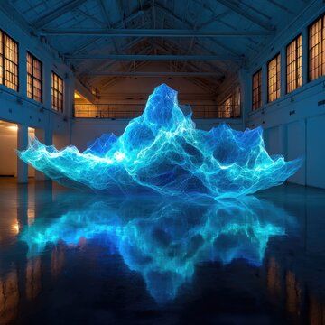 Abstract glowing blue form in a large hall, reflected on the floor